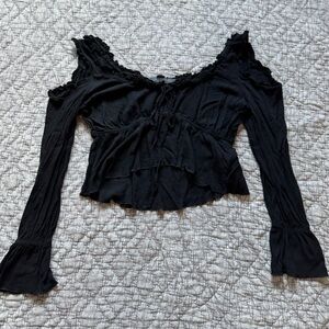 Black Women's Long Sleeve Ruffle Peasant Top
